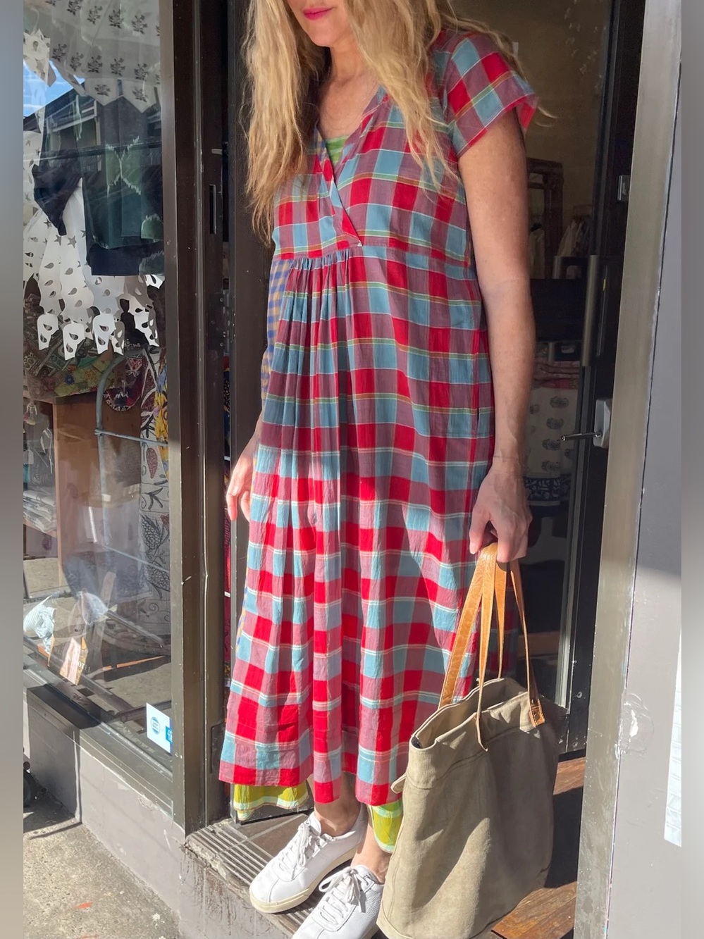 INJIRI Rasa 22 Plaid Patchwork Cotton Short Sleeve Midi Dress FLAW